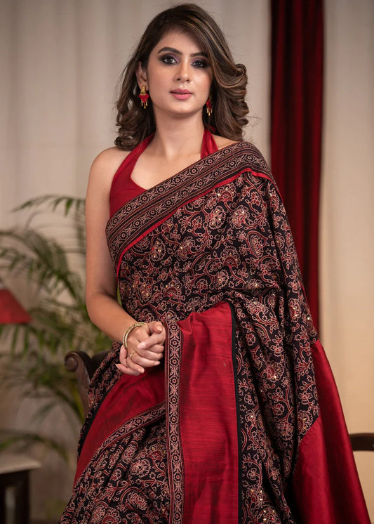 Designer Multi Maroon Colour Kalamkari Printed Linen Saree