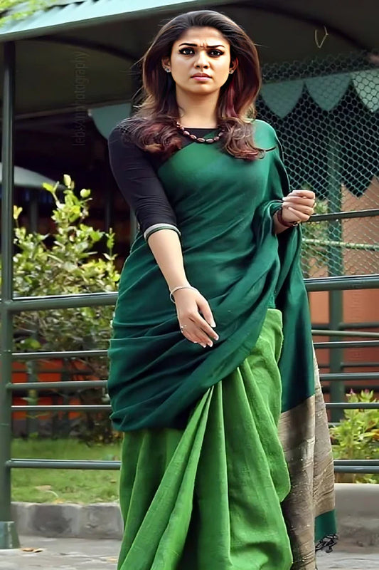 South Indian Celebrities Plain Green Color Cotton Linen Sarees