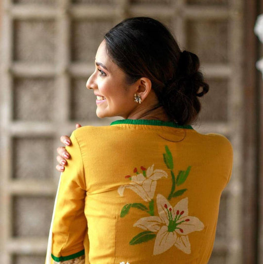 Pure Yellow Kalamkari Digital Printed Cotton Linen Saree