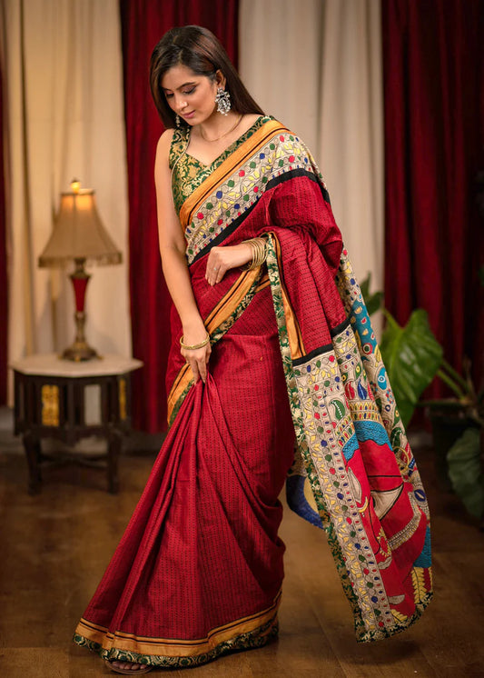 Maroon Madhubani Kalamkari Cotton Linen Saree With Awesome Print