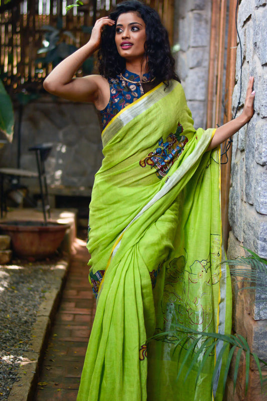 Wonderfully lemon Green Color Kalamkari Digital Printed Cotton Linen Saree.