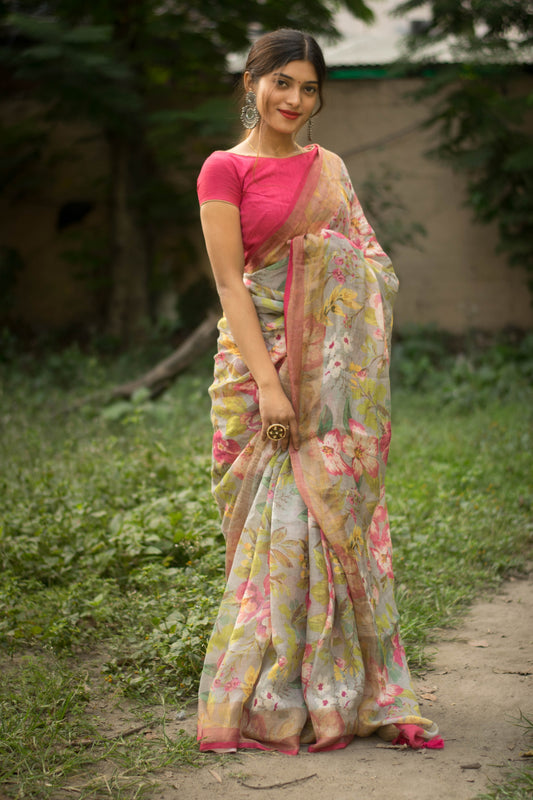 ATTRACATIVE FLOWERY LACY GROVE COLOR FLOWER DIGITAL PRINTED LINEN SAREE