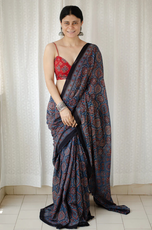 Pretty Nevy Blue Color And Designer Ajrak Digital Printed Cotton Linen Saree