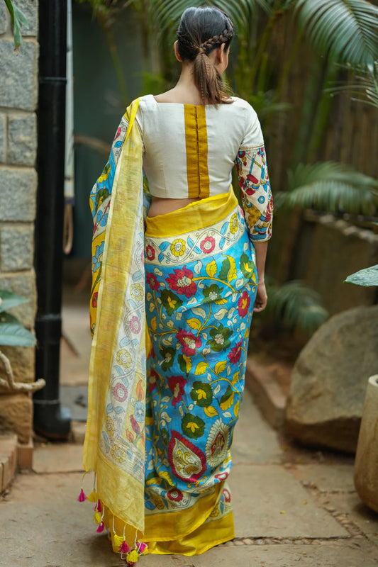 Wonderfully Aqua and Yellow Kalamkari Digital Printed Cotton Linen Saree.