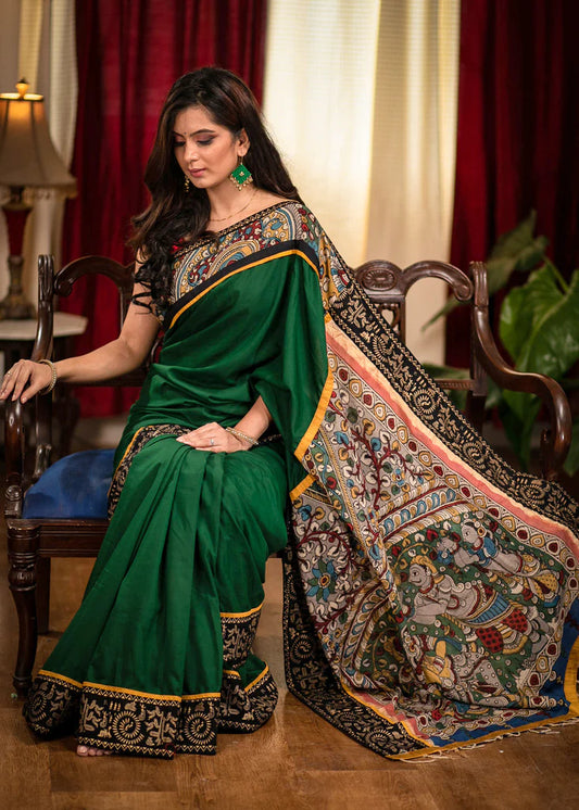 Ajarakh Bollywood Dark Green Color Kalamkari Pallu Digital Printed Linen Cotton Saree