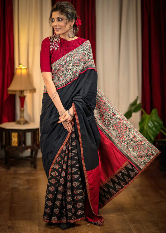 Stylish Black And Red Color Kalamkari Printed Linen Cotton Saree With Ajrakh Designe