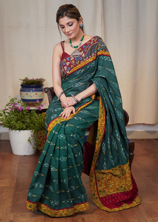 Elegant Green Ikat Linen Cotton Saree With Exclusve Printed Kalamkari Border