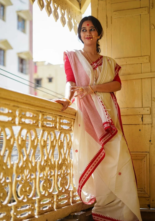 Attractive Off-White-Red Color Digital Printed Linen Saree