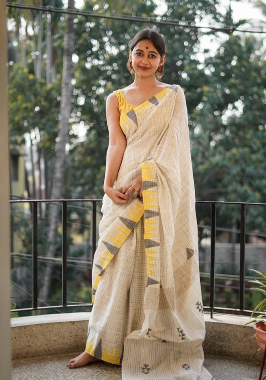 Attractive Off-White And Yellow Color Digital Printed Linen Saree