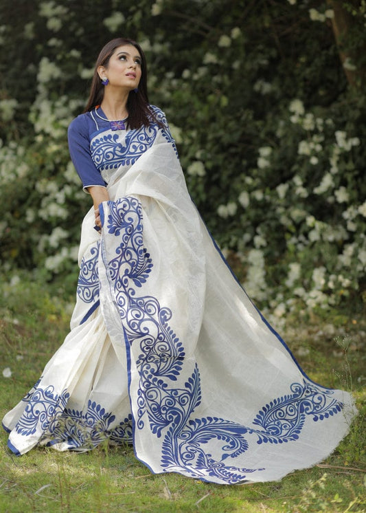 Attractive White And Blue  Color Digital Printe Linen Saree.