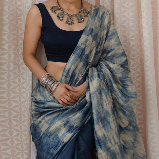 Stylish Blue Half-Half Digital Printed Cotton Linen Saree