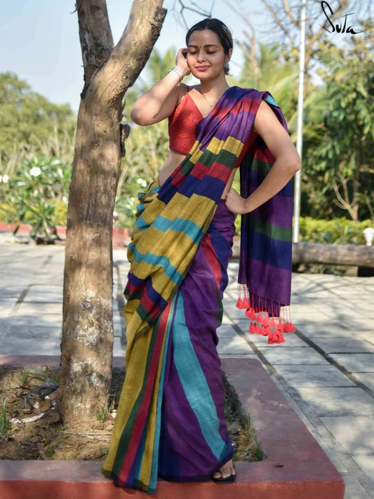 Attractive Handloom Multicolor Pure Cotton Linen Saree  Digital Printed Linen Saree.